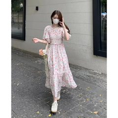 Hnewly Woman Dress Sweet Floral Printed Puff Short Sleeve Vintage French Style Summer Fashion Casual Female Elegant Dresses