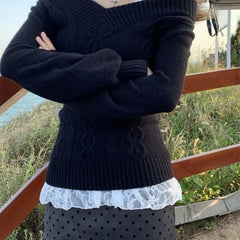 Hnewly Korean Style Grey Sexy Sweater Women Sweet Off Shoulder V-neck Knitted Pullover Slim Up Fashion Long Sleeve Sweaters