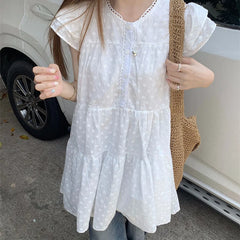 Hnewly Sweet White Embroidery Loose Dress for Women Summer Flying Sleeve Short Dress Woman Fashion Y2K V-Neck A-Line Dress Female