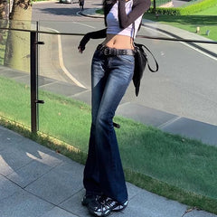Hnewly American Vintage Low Waist Jeans Women High Street Y2K Pocket Micro Flared Pants Woman Dark Blue Denim Long Trousers Female