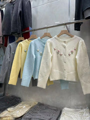 Hnewly Flower Appliques Lace Edge Knit Sweater Women's Sweet Long Sleeve O-neck 2025 Early Autumn Knitwear Loose Single Breasted Tops