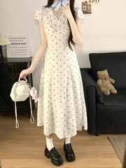 Hnewly Woman Dresses Print Floral V Neck Spring Summer Elegant Vestidos Mujer Korean Fashion Versatile Sweet Long Dress