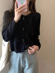 Hnewly Sweet Short Hollowed Out Sweater Chic Buttons Long Sleeved Knitted Cardigan Jacket Korean series Round Neck Loose Top
