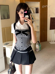 Hnewly DRESS TO IMPRESS Preppy Style 3 Piece Sets Women Casual Crop Tops + Vintage Plaid Vest + Lace Y2k Mini Skirt Slim Hot Girls Korean Fashion Suit