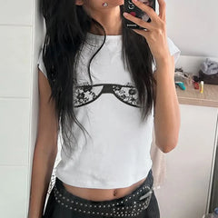 Hnewly Chic Print White Short Sleeve Crop Top Women Casual Crewneck Skinny Tee Shirts Summer Basic T Shirt y2k Aesthetic Shirts