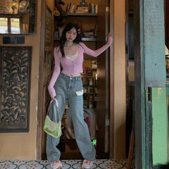 Hnewly Y2k V-neck Patchwork Lace Cardigan for Women Thin Long Sleeve Tops Mujer Spring Autumn New Slim Fit Knitted T-shirts