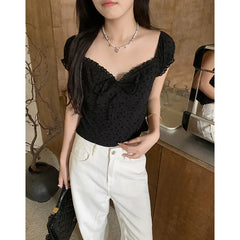 Hnewly Lace Edged Short Sleeved T-Shirt For Women's Summer New Slim Fit Short Top