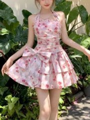 Lunivop Korean Retro Sweet Floral Halter Neck Dress Women Slim Bow Print Tiered Mini Dress Summer Fashion Popular Elegant Chic Outfits
