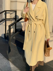 Hnewly Korean Style Fall And Winter Double Breasted Long 100% Wool Coats Women Handmade Suit Collar Loose Lace Up Woolen Jackets