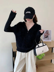 Hnewly Fuzzy Sweater Hoodie Zip-Up Mohair-Knit Cardigan Women Long Sleeve Hooded Crop Top Knitwear Fall Winter Teen-girl Y2K Outfit