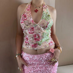 Hnewly Sequin Halter Tops y2k Women Clothes Floral Sleeveless V Neck Open Back Smocked T Shirts Vest 2000s Clothing Streetwear