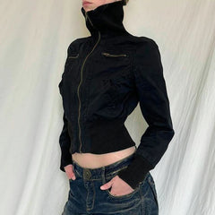 Hnewly Streetwear Black Zip Up Jacket Autumn Winter Turtleneck Full Sleeve Cropped Jackets for Women y2k Vintage Ladies Outwear