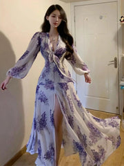 Hnewly Streetwear Printing Sweet Dresses Grunge Y2k Aesthetic V Neck Bandage Vestidos Slim Fit Harajuku Woman Purple Split Dress