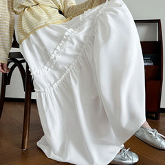 Hnewly Elegant White Long Skirts for Women Summer Elastic High Waist Ruffles A-Line Skirts Woman Korean Fashion Mid Length Skirt Ladies