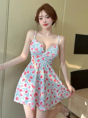 Hnewly Sexy Sweet Dress Elegant V Neck Sleeveless Floral Printed Backless Summer Fashion Party Mini Dresses Female Casual