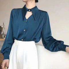 Hnewly Casual Shirts Women Fashion Romantic Solid Soft V-Neck Streetwear Spring All-match Hollow Out Retro European Style Simple Design