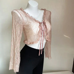 Hnewly Shirts Women Lace New Summer Sunscreen French Style Cropped Designed Sweet Gentle Elegant Office Lady Sexy Popular Chic Vintage