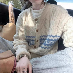 Hnewly Fair Isle Cardigan for Women Comfy Cable Knit Button-up Sweater Jacket Cozy Knitwear Teen-girl Fall Winter Vintage Outfit