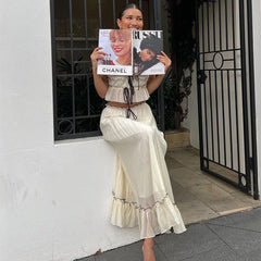 Hnewly Elegant Summer 2 Piece Set Y2K Aesthetic Lace One Line Neck Pleated Suspended Tank Top and Loose Beach Long Skirt Suit