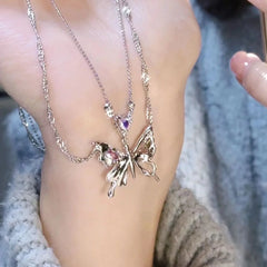 Hnewly Y2K Crystal Butterfly Pendant Necklace Women Light Luxury Egirl Punk Heart Grunge Clavicle Chain Fashion Jewelry Party Gift