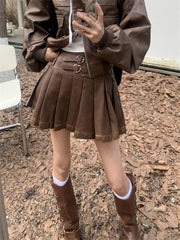 Hnewly Vintage Y2k Leather Skirt Women Sexy Punk Pleated Skirt Brown Retro High Waist Fashion Streetwear A-line Mini Skirts