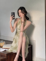 Hnewly Vintage Sexy Sleeveless Neck-mounted Party Maxi Dresses for Women Halter Spaghetti Strap Folds Midi Dress Elegant Fashion Summer