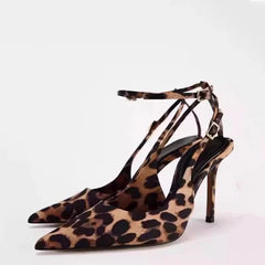 Hnewly New Leopard Print Pointed Toe Office Lady Shoes Autumn Designer Shallow Stilettos Large Size Ankle Strap Women High Heels Pumps