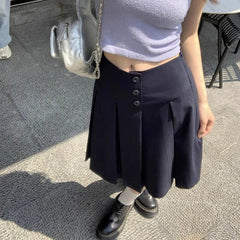 Hnewly Preppy Style Pleated Skirt Women Korean Style Vintage Harajuku Mid Length Skirt Fashion Retro Solid Classic Skirts