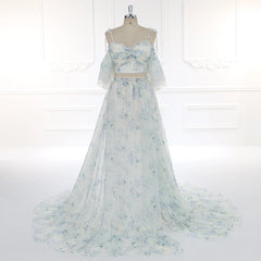 Hnewly Print Floral Two Piece Spaghetti Strap Blue Tulle Elastic Waist Maternity Dresses for Photo Shoot or Baby Shower