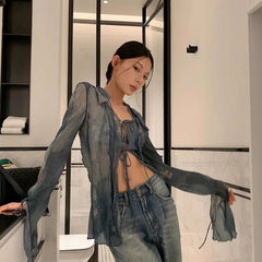 Hnewly Y2k Vintage Denim Blue Print Shirts Women Summer Hollow Out Slim Fit Blouses 2025 Fashion New Long Sleeve Blusas Mujer