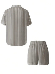 Hnewly Womens Casual Linen Look Striped 2 Piece Set Collared Short Sleeve Buttoned Blouse And Elastic Waist Shorts