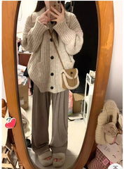 Hnewly Slouchy Knit Cardigan for Women Rib-knit Pockets Front High Neck Button Up Sweater Jacket Coat Female Autumn Winter Basic Outfit