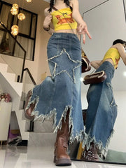 Hnewly American Vintage Washed Irregular Denim Skirts Y2k Mid-length Star Skirt for Women 2025 Summer Low-waist Falda Sexy Mujer