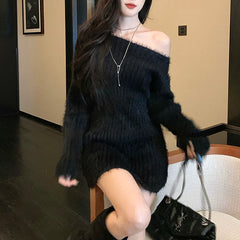 Hnewly Fuzzy Knit Sweater for Women Soft Fluffy Boat Neck Tunic Tops Fitted Rib-knit Plain Jumper Female Autumn Winter Basic Outfit