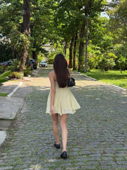 Hnewly Women Chic Yellow Lace Flowy Slip Dress Classic Solid Color V-neck A-line Waist-cinching Mini Dresses Highstreet Outwear