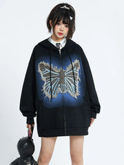 Hnewly Vintage Women Y2K Hoodies Bufferfly Loose Long Sleeve Streetwear Sweatshirts Harajuku Casual Fall Lady Retro American Tops