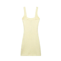 Hnewly Butter Yellow Elasticity Knitted Mini Dress Women Elegant Splicing Sleeveless Backless Gowns Lady High Street Vestidos