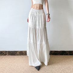 Hnewly Elegant Lace Stitching Long Skirt Holiday Oversized Loose Low Rise White Floor-Length Skirts for Women y2k Fairycore Lady