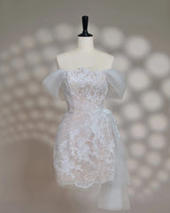 Hnewly Off Shoulder Floral Lace Wedding Gown Ruched Wrap Skirt Side Tulle Sash Lace Up Back Mini Short Bridal Evening Dress
