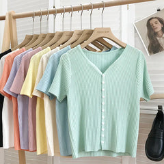 Hnewly Knitted Short Sleeved T-shirt Sweater Women Spring Summer 2025 Thin Loose V-neck Single Breasted Top Solid Short Cardigan Coat