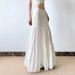 Hnewly Elegant Lace Stitching Long Skirt Holiday Oversized Loose Low Rise White Floor-Length Skirts for Women y2k Fairycore Lady