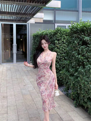 Hnewly Woman Dress Floral Printed Sleeveless V Neck Halter Slim Vintage Split Temperament Party Dresses French Style Chic