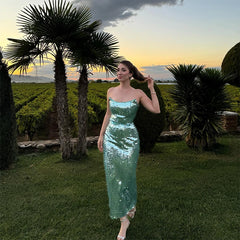 Hnewly Fashion Sequined Strapless Long Party Dress Women Slim Sleeveless Backless Female Dresses Autumn Winter Lady Evening Robes