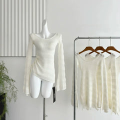 Hnewly Autumn Sexy Mesh Long Sleeve Sweater Women Summer New French Hollow Thin Sunscreen Tops Korea Chic Knitted Casual Beach Pullover