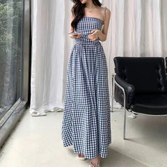 Hnewly Vintage Plaid Dress Women Summer Korean Elegant Tube Top All-Match Midi Dress Y2K Folds Off Shoulder Holiday Beach Vestidos