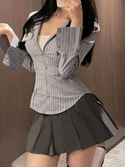 Hnewly Women Wear New Skirt Set Summer Academy Style JK Popular Design Sense Waistband Long Sleeved Shirt Romantic Elegant Mature 3JZ0