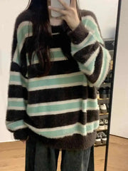 Hnewly Soft Striped Mid Length Sweater Women's New Autumn Winter Loose Knit Top Elegant Round Neck Long Sleeved Versatile Pullover