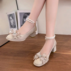Hnewly Womens Fashion New Elegant Party Shoes 2024 Summer Versatile Mary Jane Shoes Daily Sweet Style Bow Brand Design Womens Low Heels