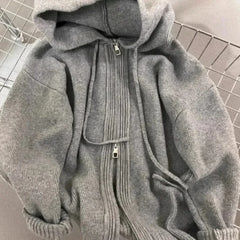 Hnewly Gray Hooded Sweater Coat Autumn Winter Double Zipper Long Sleeve Loose Fashion Korean Soft Thickened Knitted Tops Coats