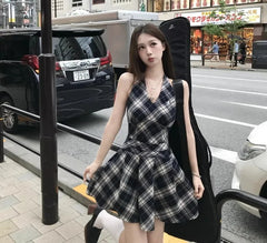 Hnewly V-neck Plaid Mini Dress Women Vintage Streetwear Summer A-line Pleated Vestidos New Design Flattering Waist Harajuku Fashion
